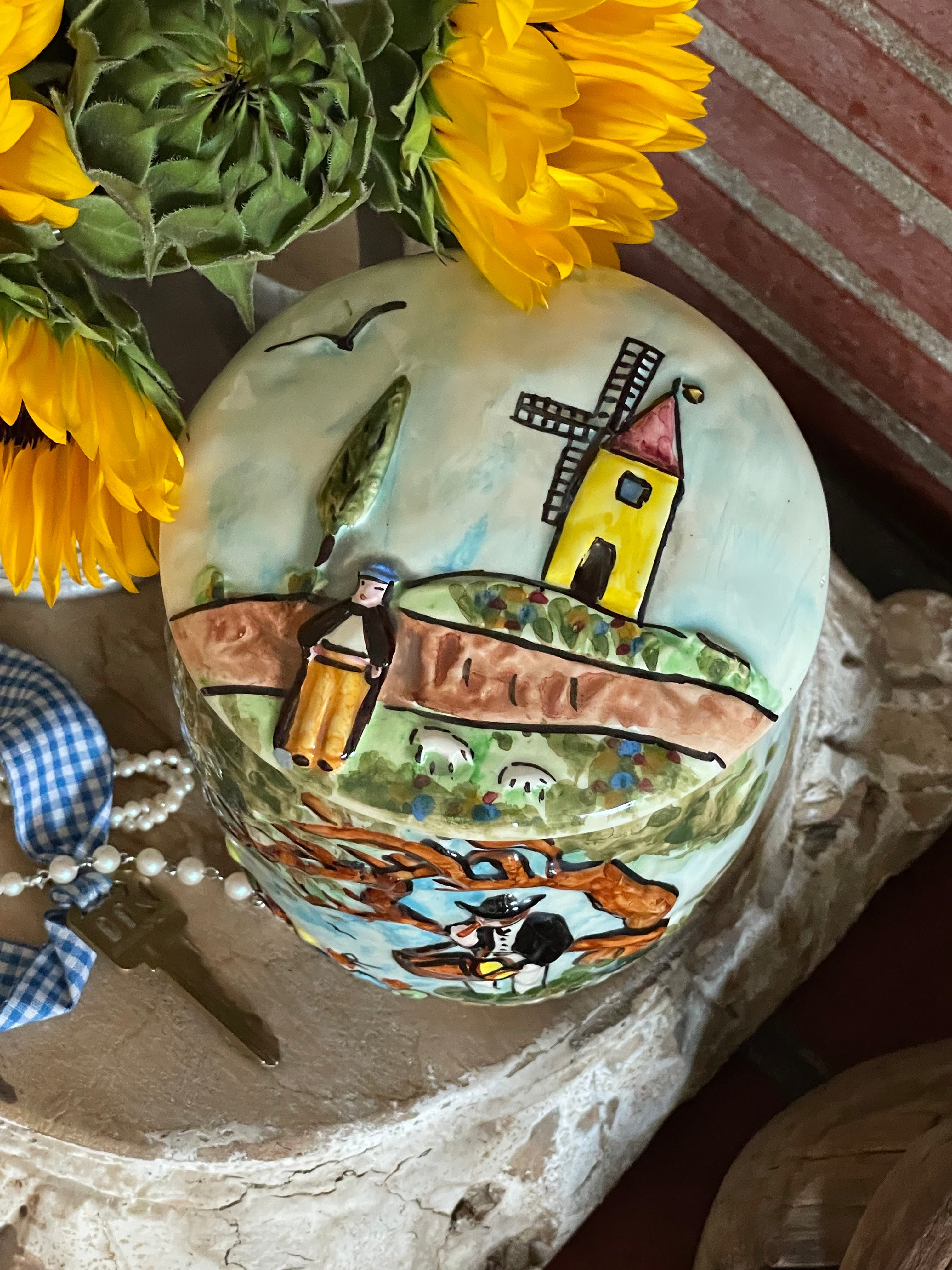 Windmill Song Majolica Trinket Canister