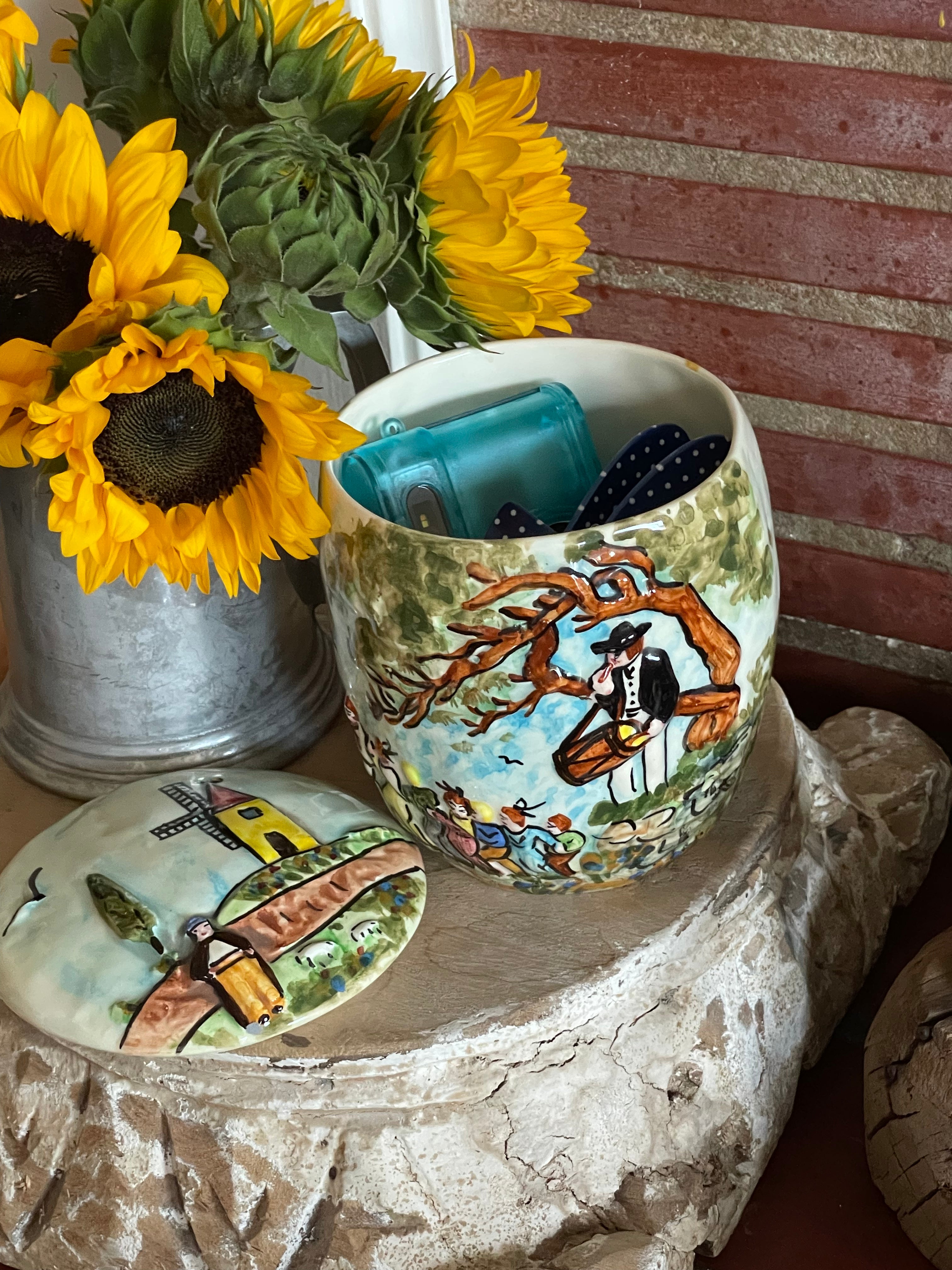 Windmill Song Majolica Trinket Canister