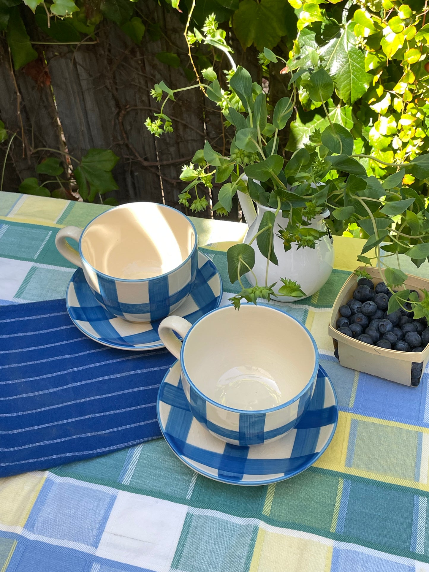 Blue Gingham Oversized Tea Cups & Saucers, Set of 2