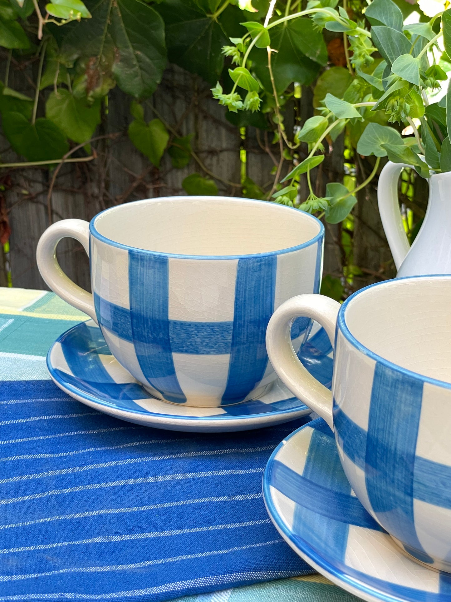 Blue Gingham Oversized Tea Cups & Saucers, Set of 2