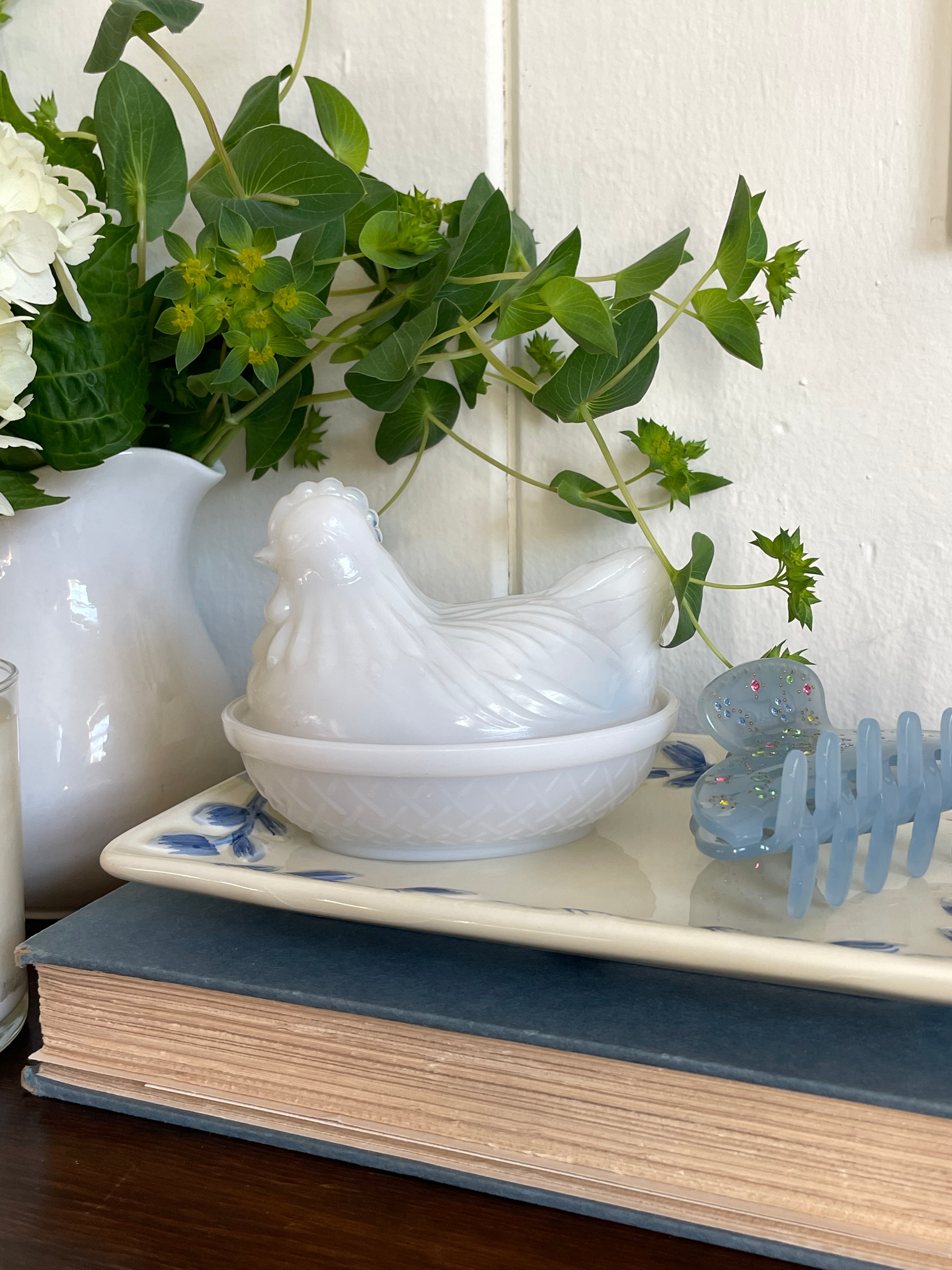 Chickadee Milk Glass Trinket Box