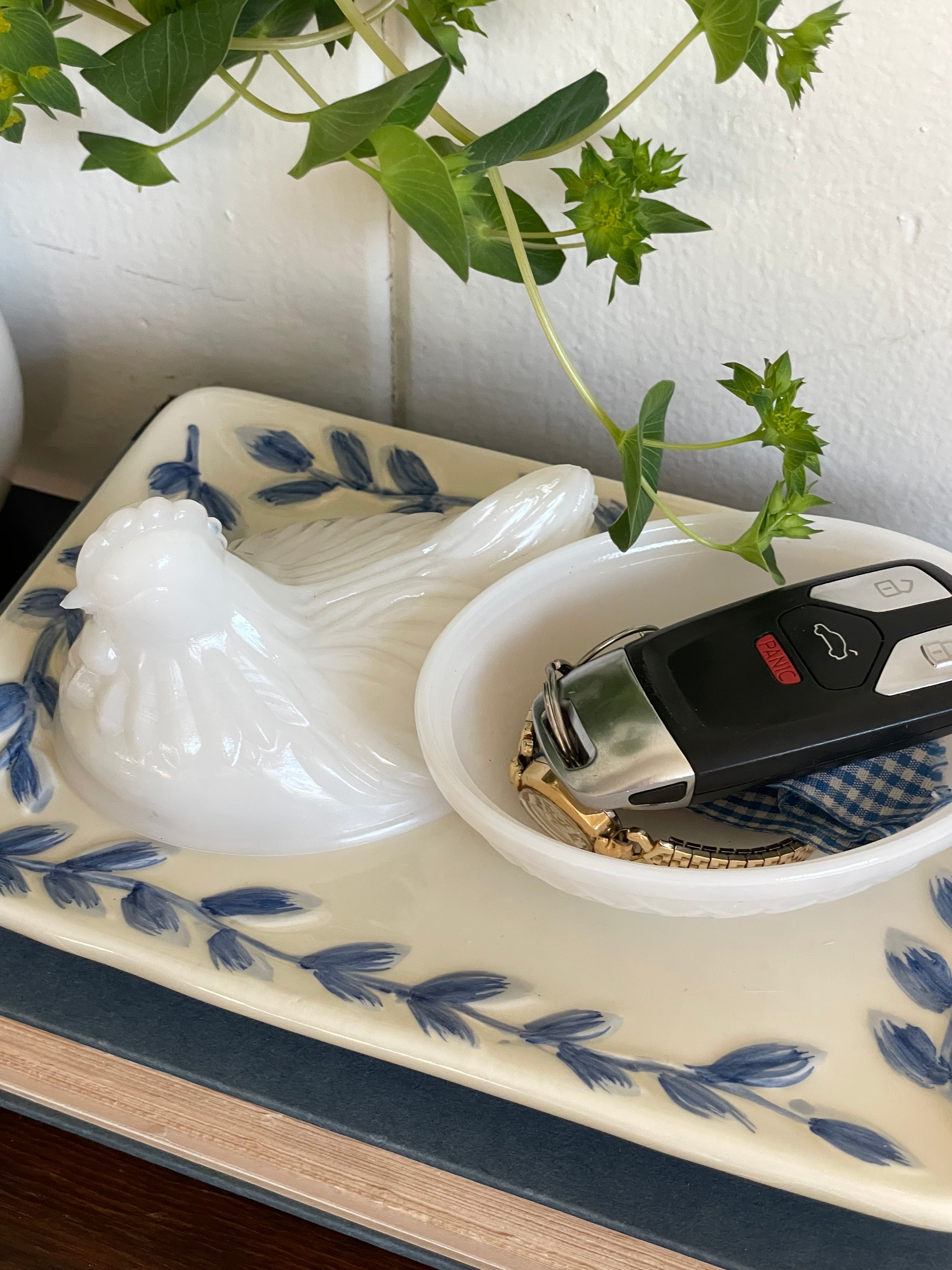 Chickadee Milk Glass Trinket Box