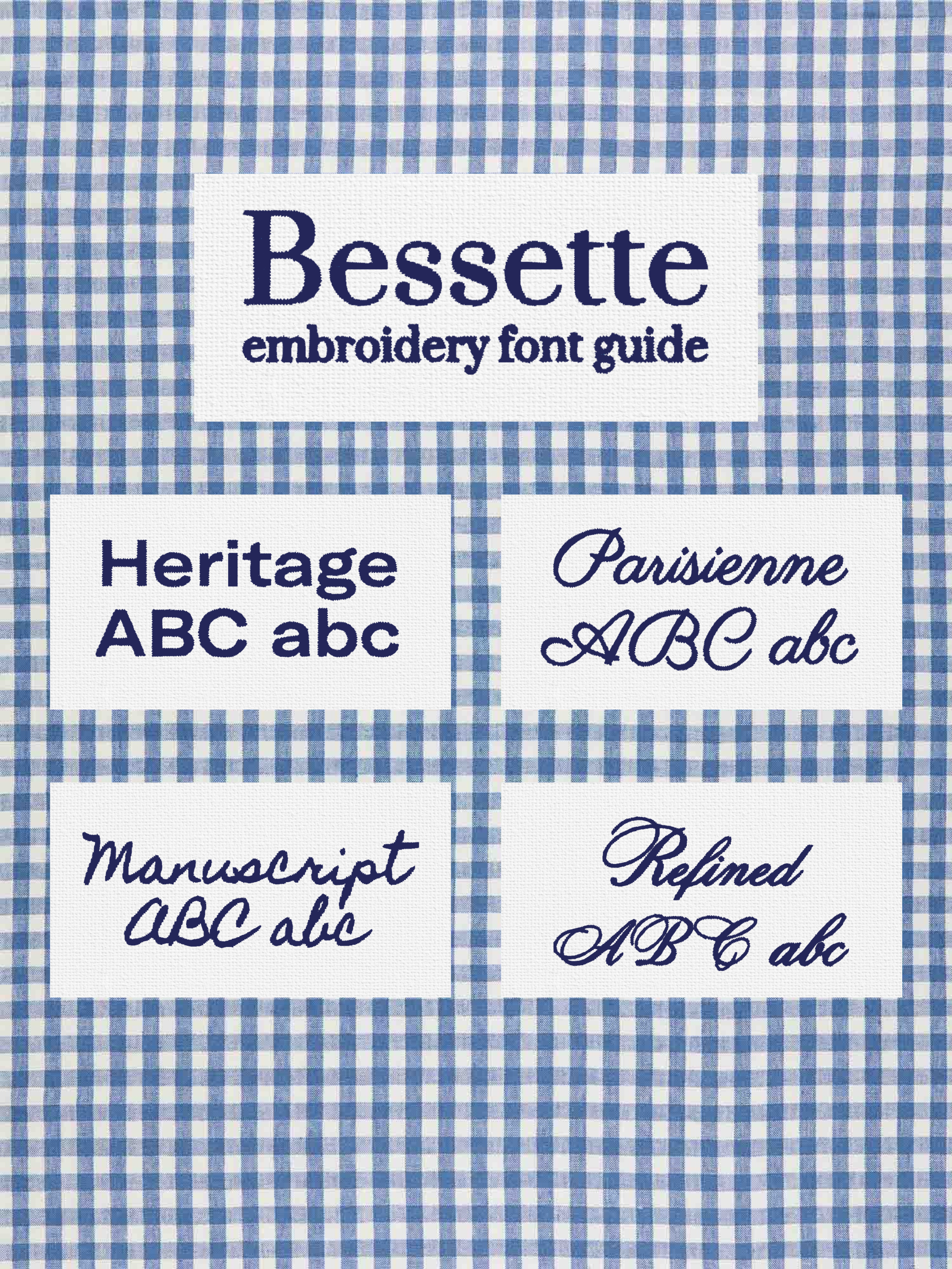 Embroidery font guide with different styles on a blue checkered background