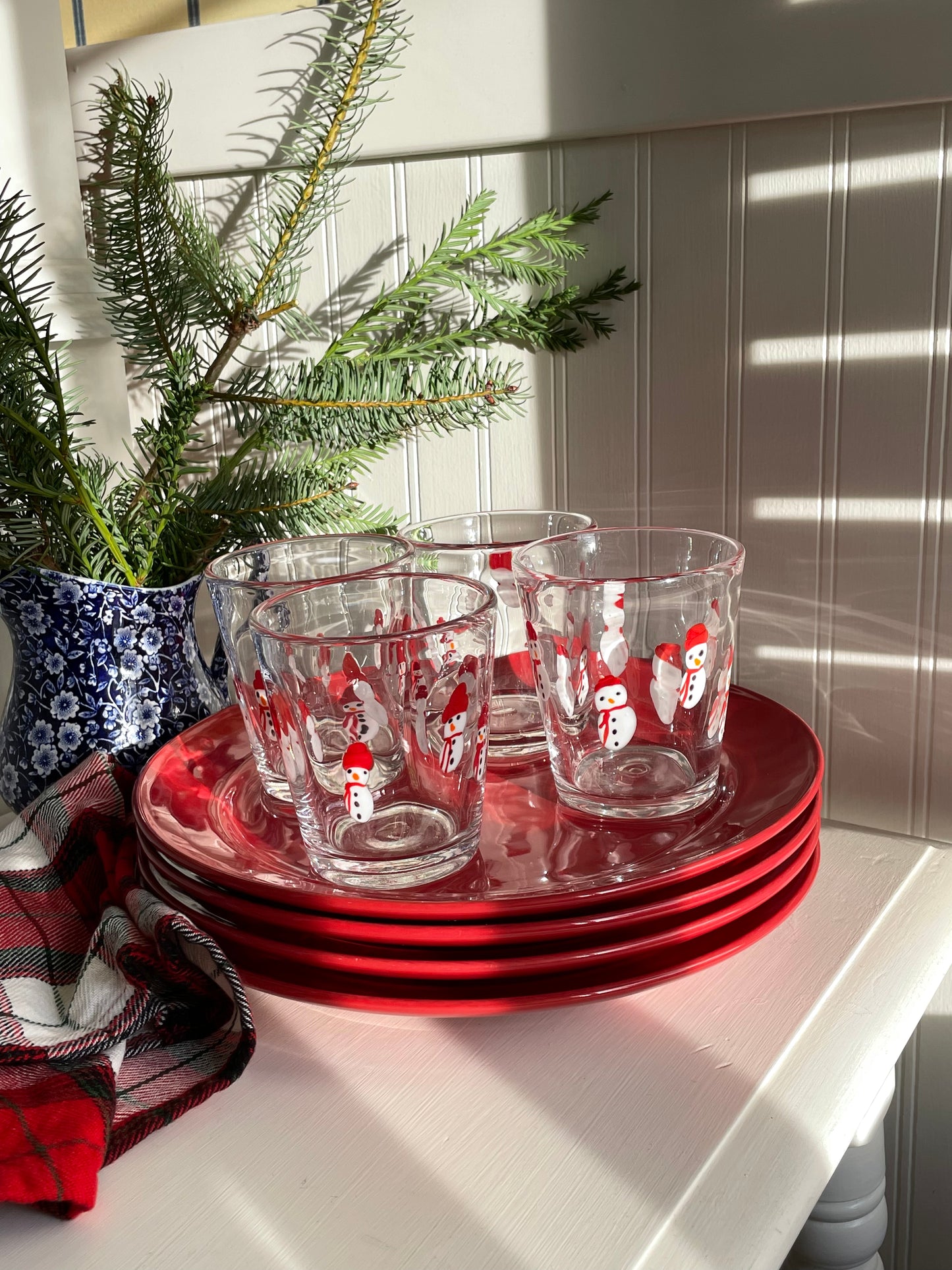 Hand-Blown Snowman Water Glasses, Set of 4