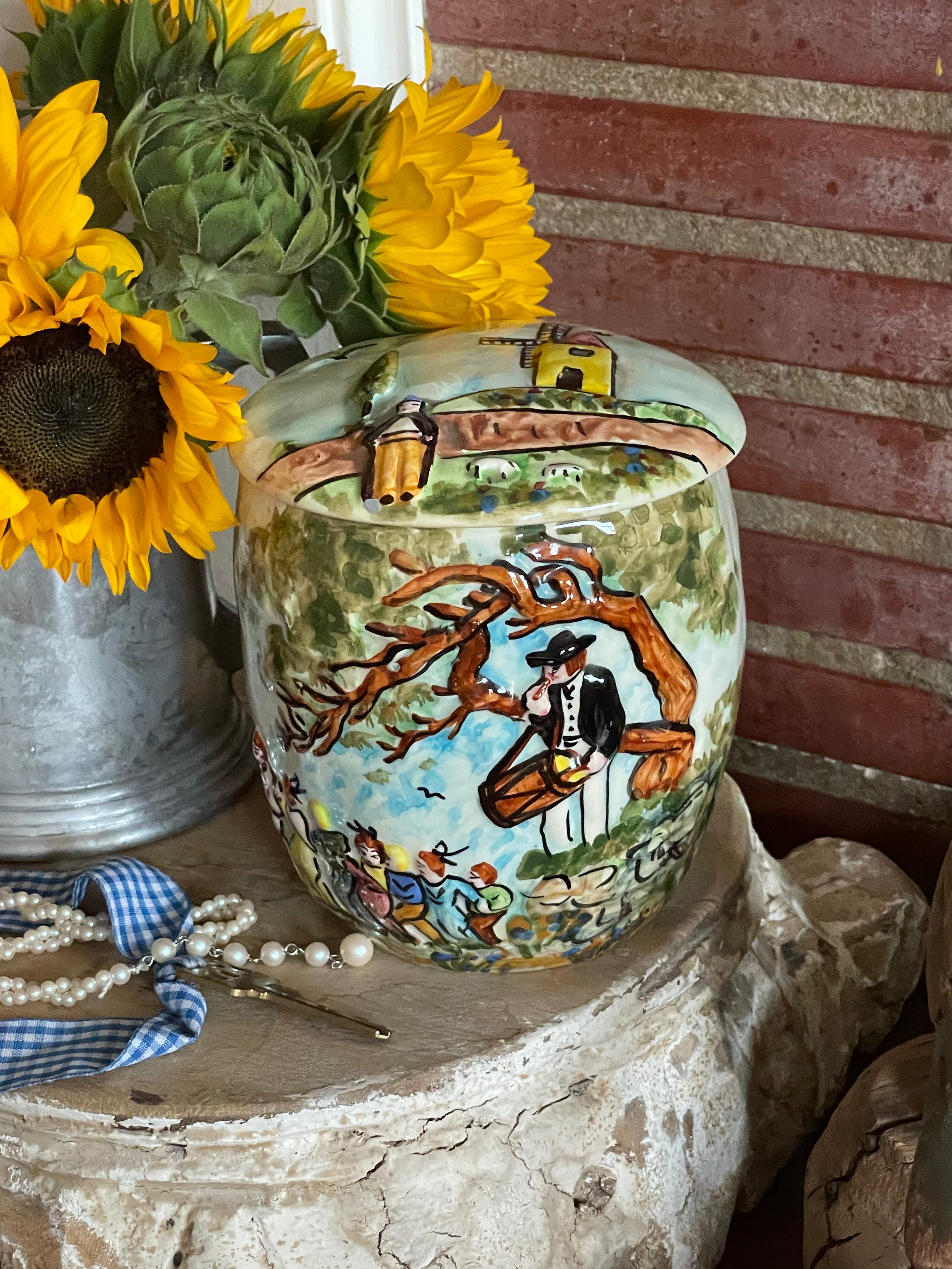 Windmill Song Majolica Trinket Canister