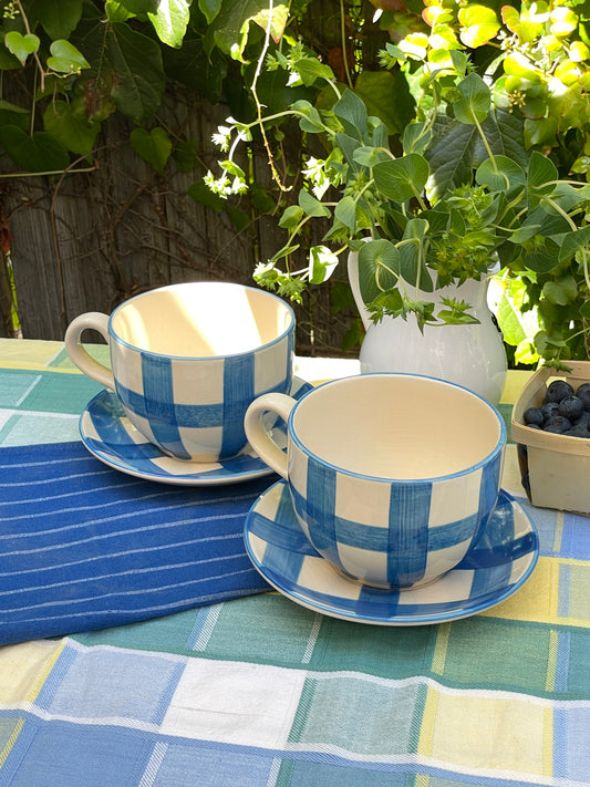 Blue Gingham Oversized Tea Cups & Saucers, Set of 2