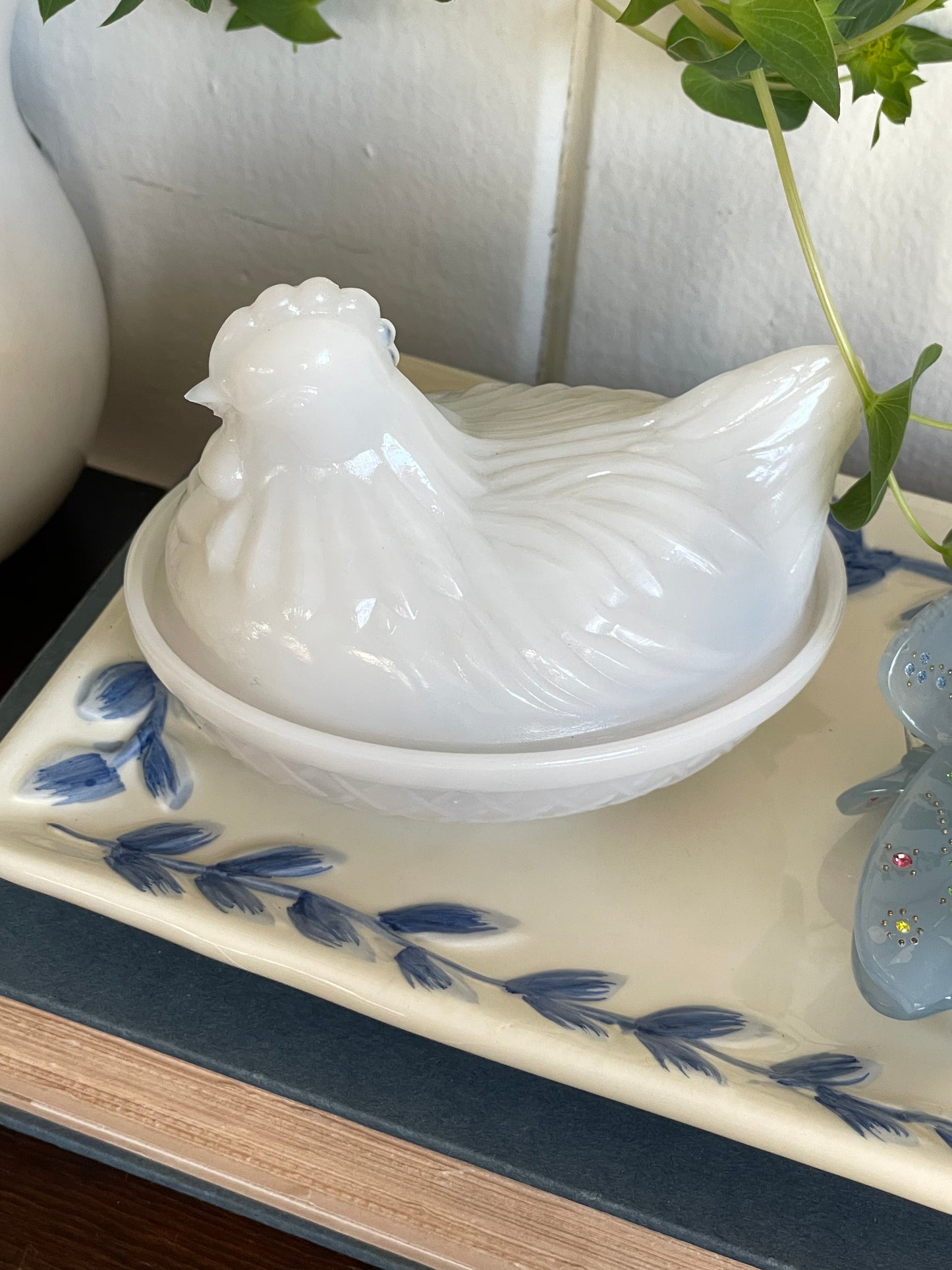 Chickadee Milk Glass Trinket Box