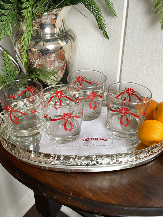 Poinsettia & Ribbons Rocks Glasses, Set of 4