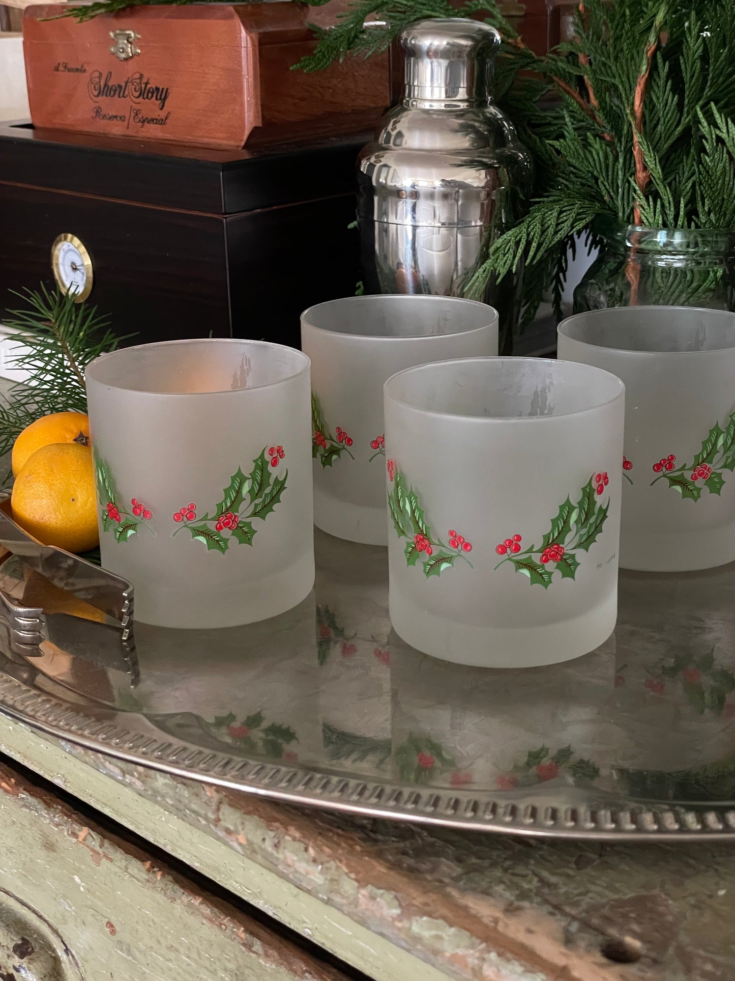 Frosted Holly Glasses, Set of 4