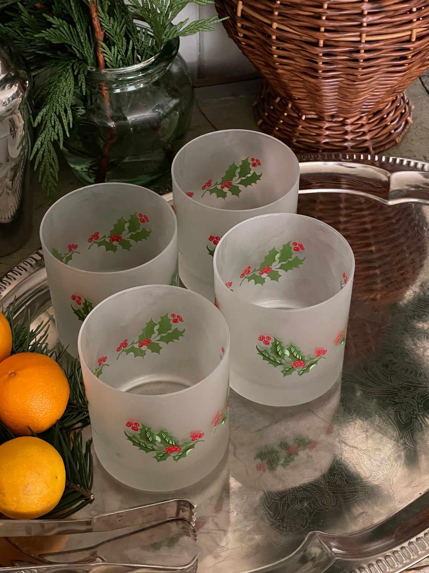 Frosted Holly Glasses, Set of 4