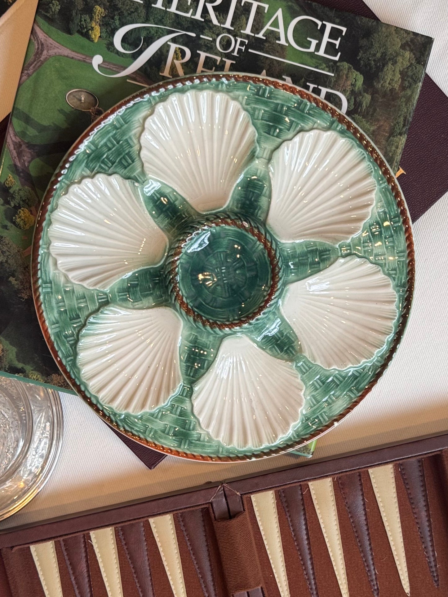 Vintage Longchamp Green and White Oyster Plate