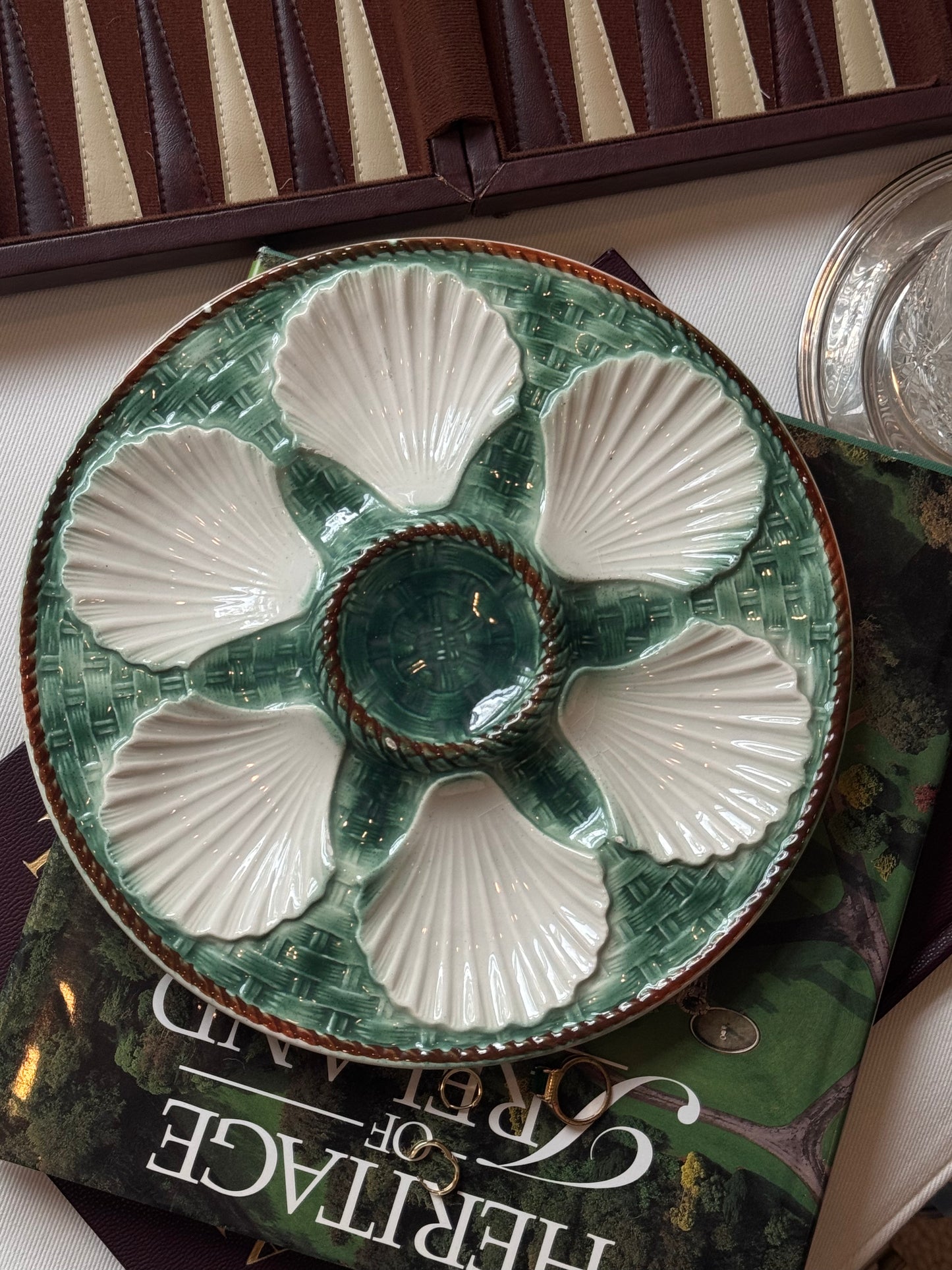 Vintage Longchamp Green and White Oyster Plate