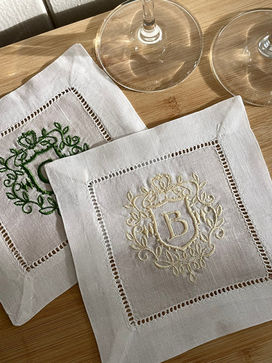 Monogram Crest Cocktail Napkins, Set of 4