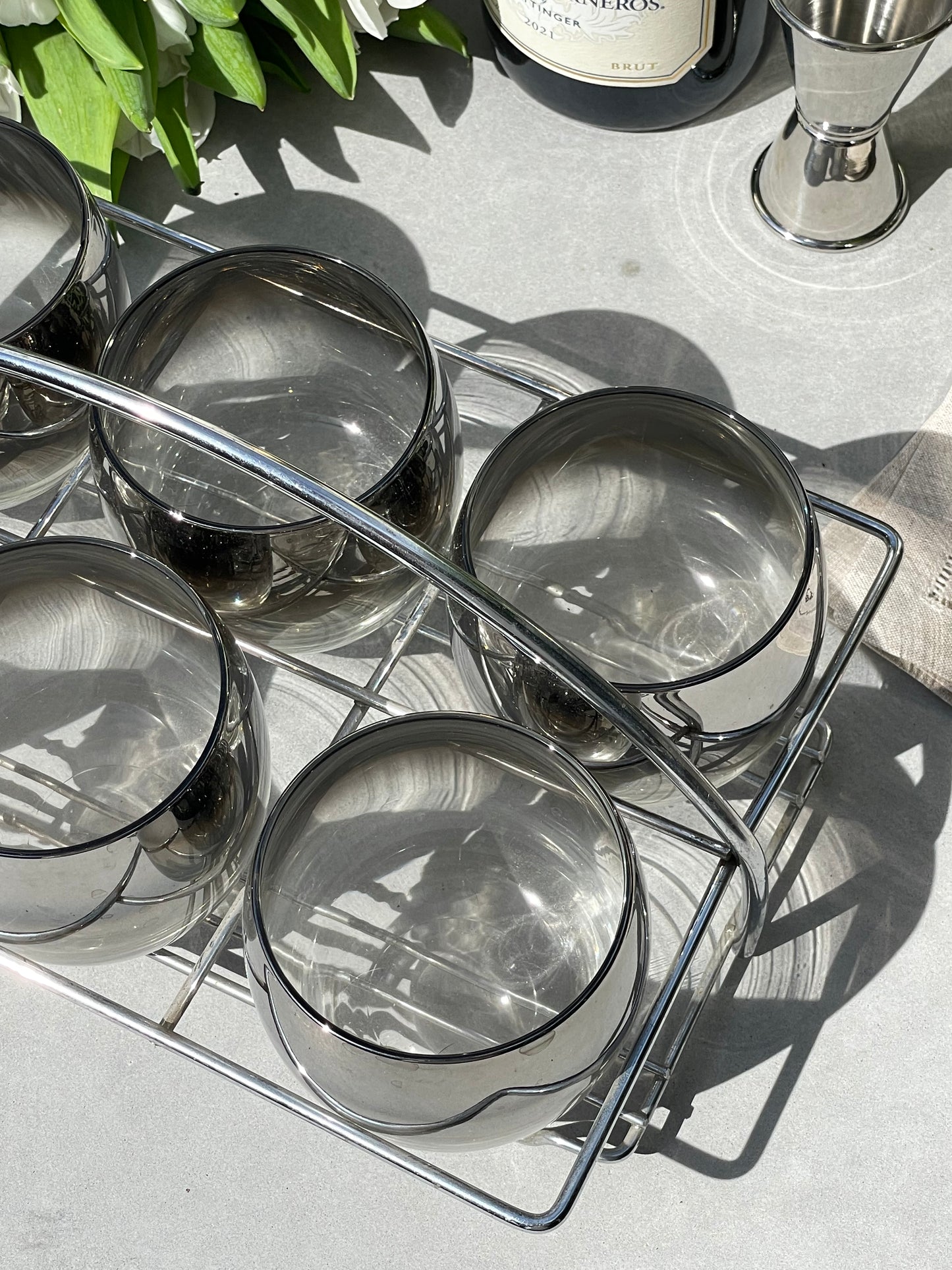 Mid Centruy Modern Cocktail Glasses, Set of 6 With Caddy